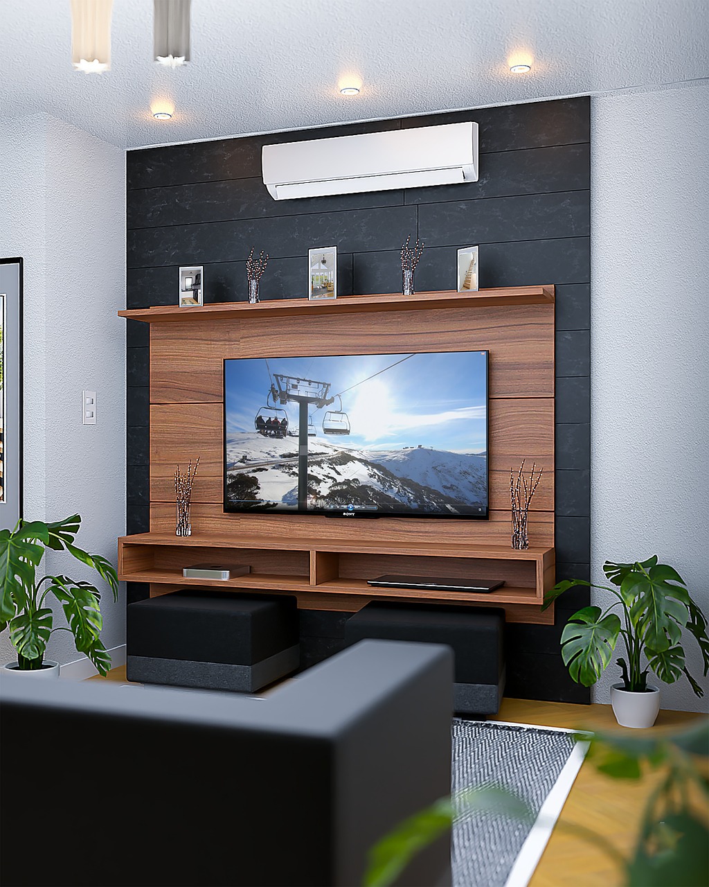 lounge, tv, couch, sofa, plants, decoration, interior, apartment, nature, architecture, rendering, home, painting, panel, render